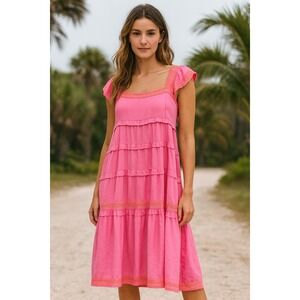 J. Marie NEW Calli Pink Orange Embroidered Tiered Midi Sun Dress SZ XL Coquette